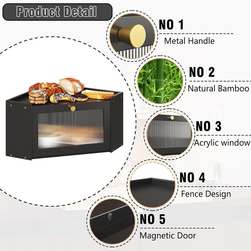 Trironsun Corner Bamboo Bread Box for Kitchen Counter Large Capacity Rustic Bread Storage Container with Wavy Arcylic Transparent Door Vintage Storage for Homemade Bread (Black) - Image 4